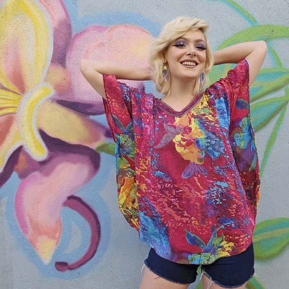 BIBA Vintage Rainbow Watercolor Style Abstract Paint Splatter Batwing Top - Picture 14 of 16